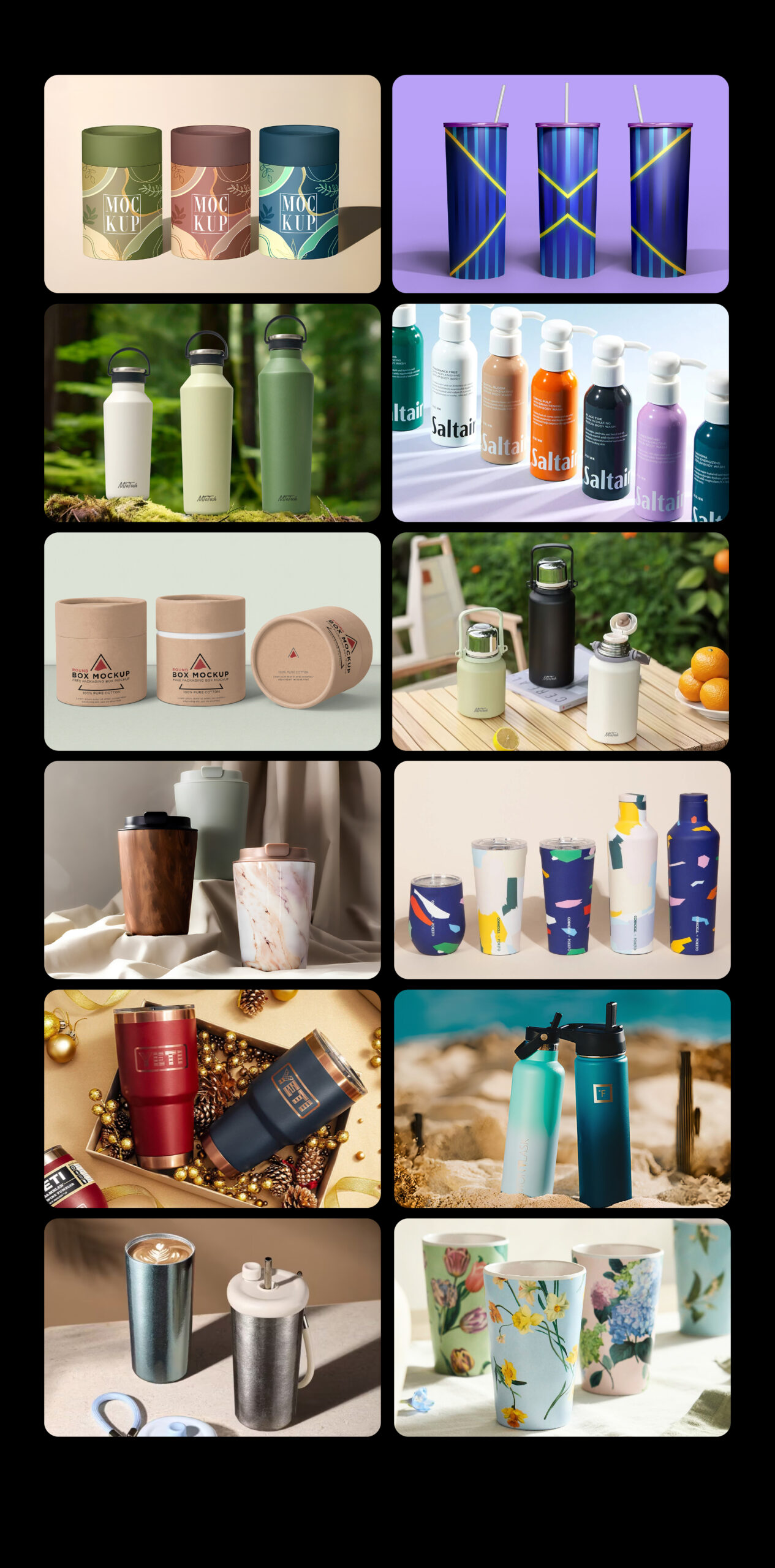 Custom UV printed tumblers, bottles, mugs, and cylindrical packaging samples