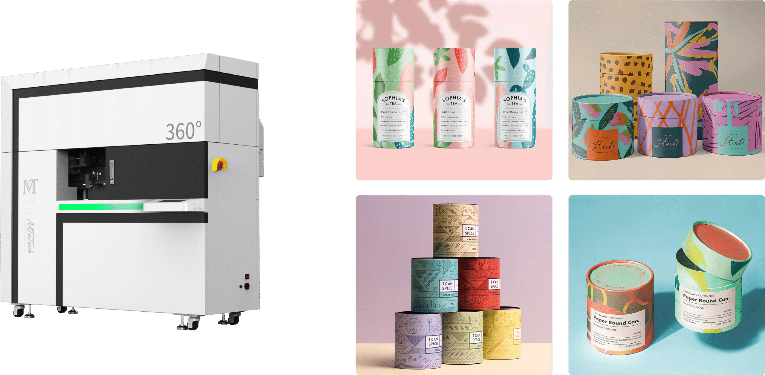 360-degree cylinder printing machine with cylindrical packaging and can mockups