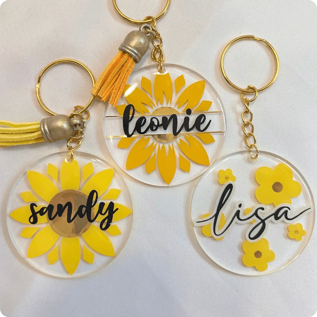 Personalized acrylic keychains printed with a UV printer for promotional product orders