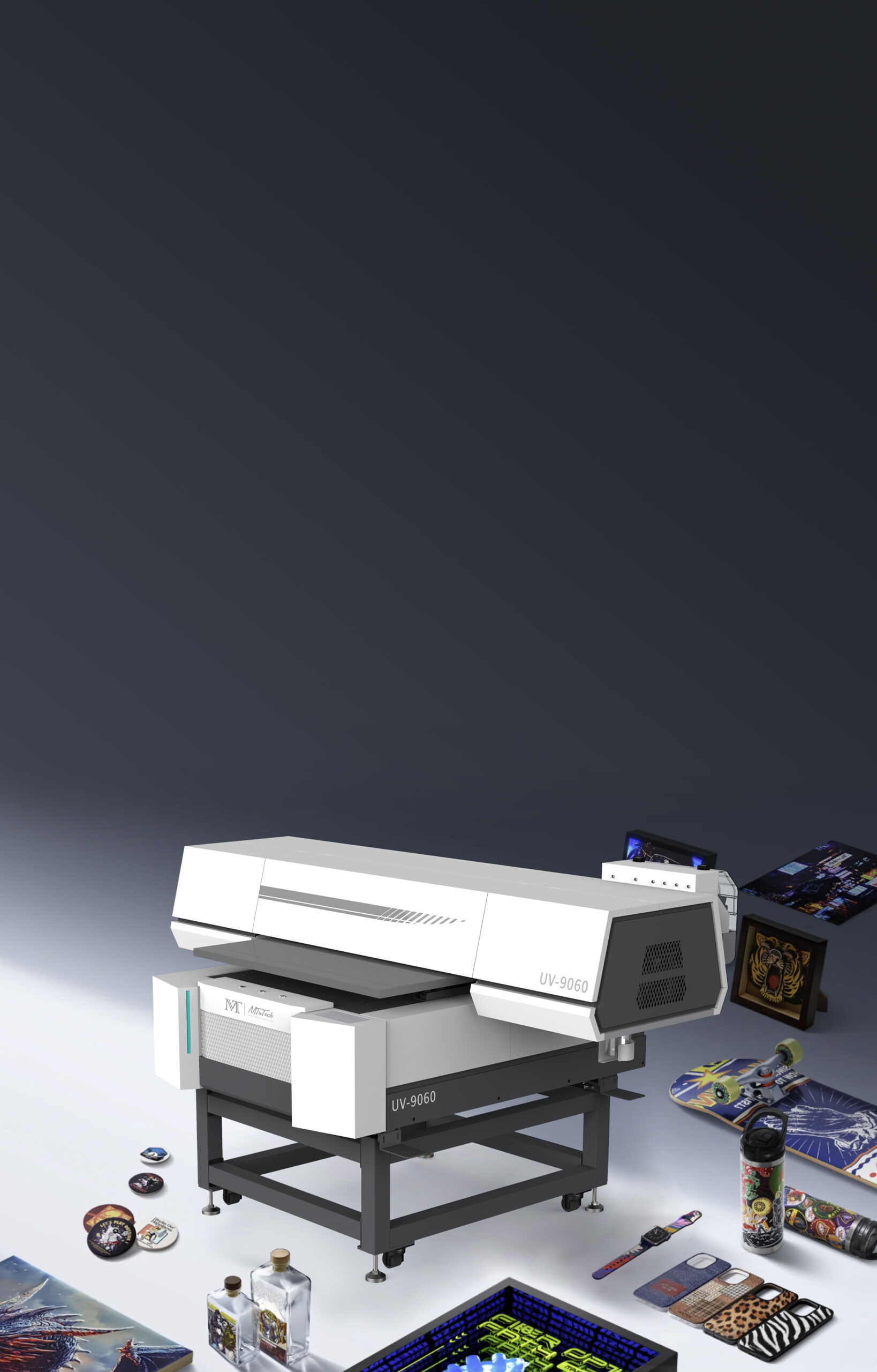 UV Printer 9060 printing bottles, boards, phone cases, and custom products on a mid-size flatbed