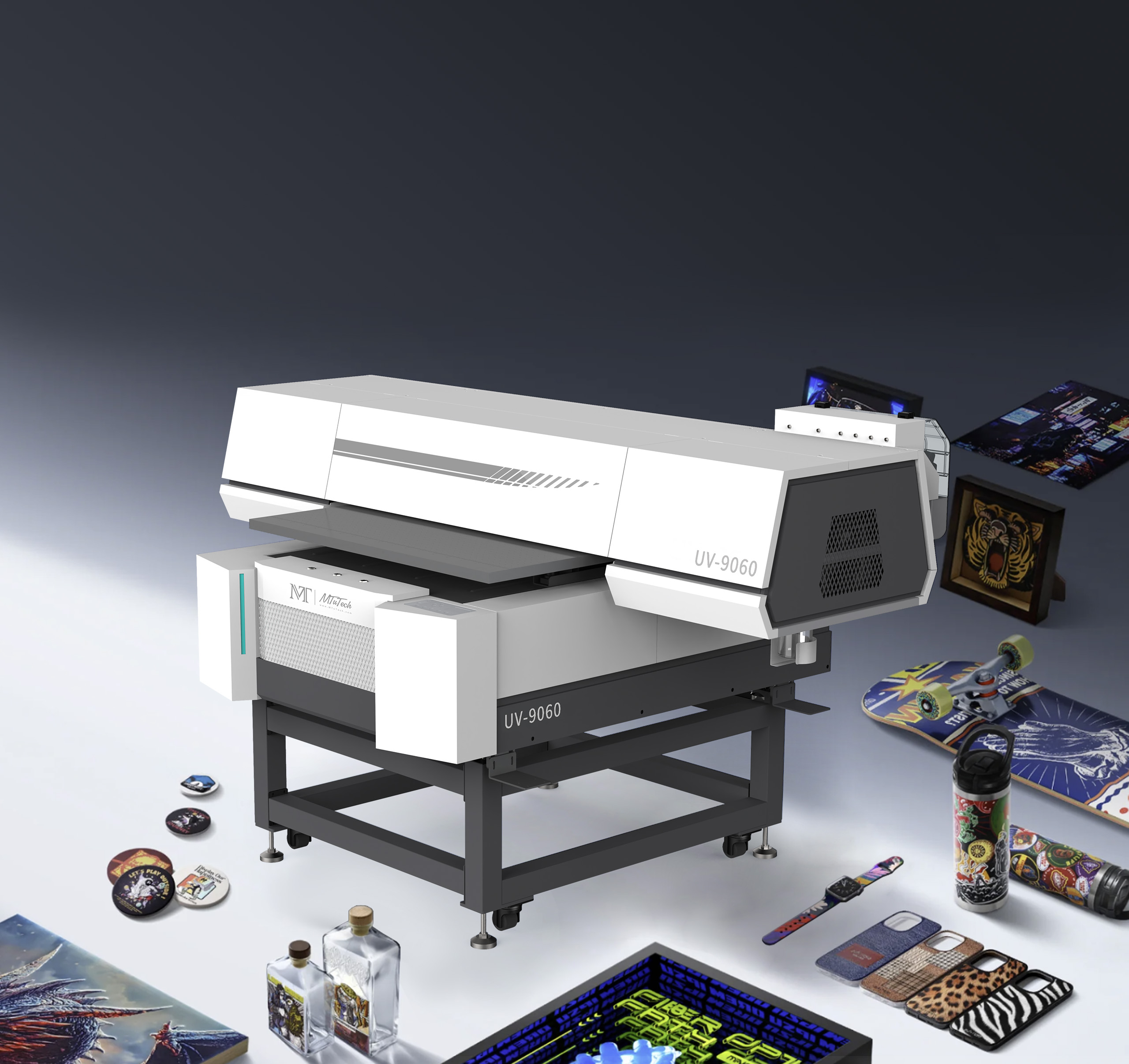 UV 9060 flatbed printer printing bottles phone cases skateboards and promotional items