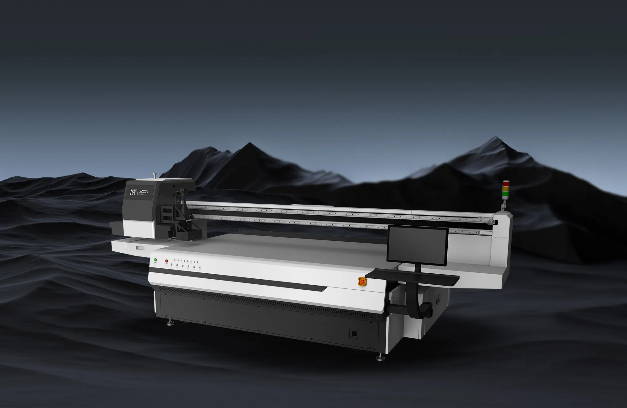 Industrial flatbed UV printer for commercial sheet, board, and rigid product production