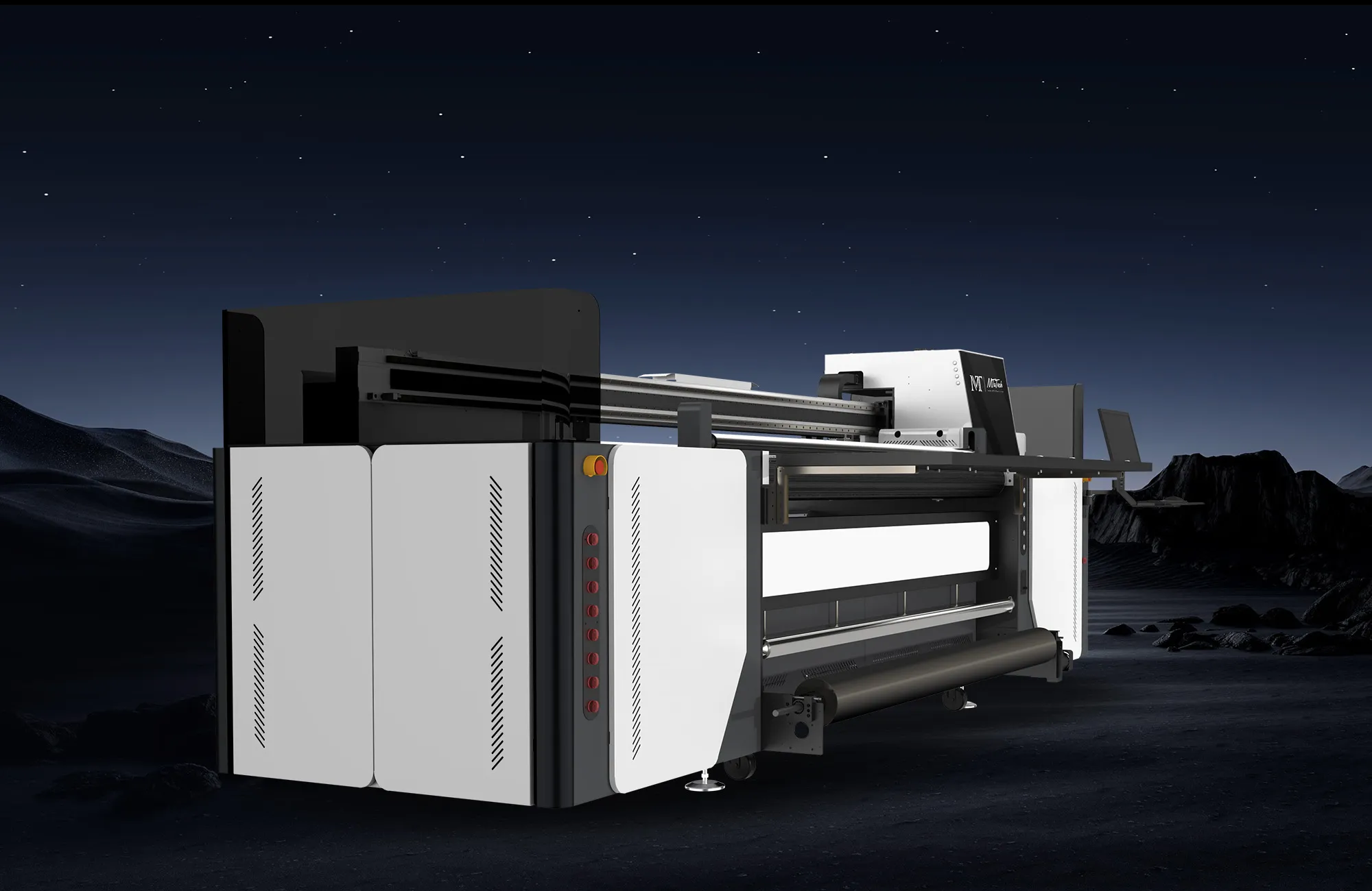 Hybrid UV printer for rigid boards and flexible roll media production