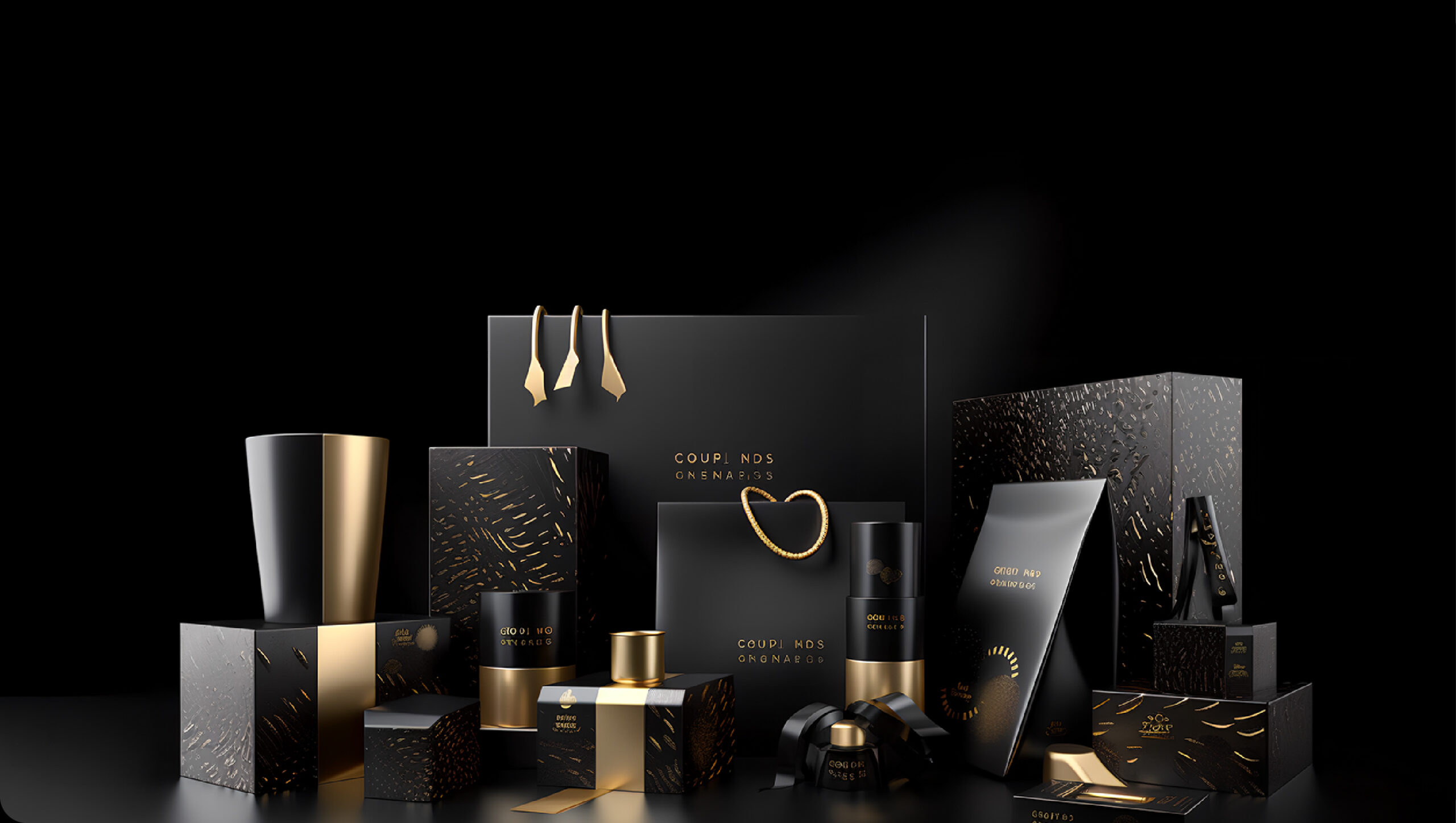 Luxury black and gold packaging mockup for UV printed prototype evaluation