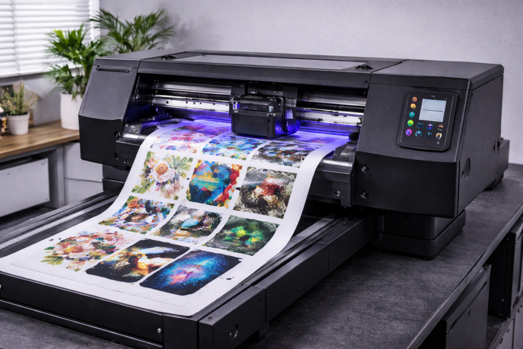 UV DTF printer printing transfer film with UV curing lights for small business applications