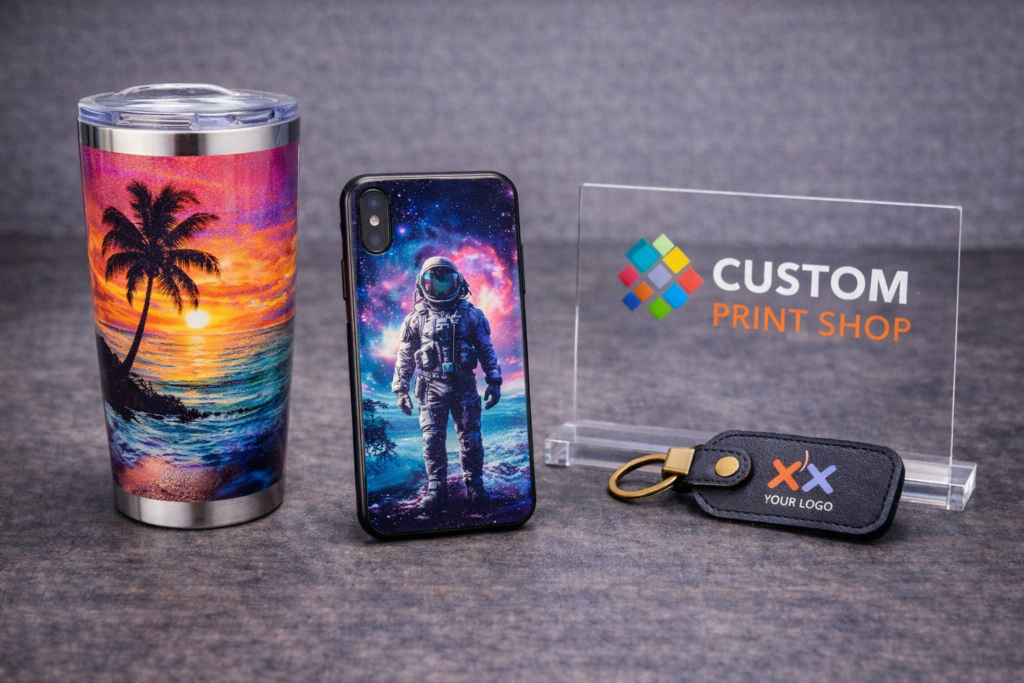 Finished UV DTF printed products including tumbler, phone case, acrylic sign and keychain for small business applications