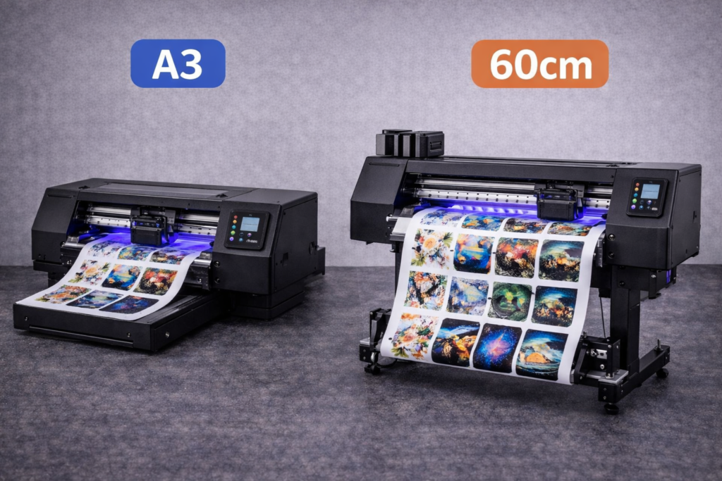 Comparison of A3 and 60cm UV DTF printers showing print size difference for small business production