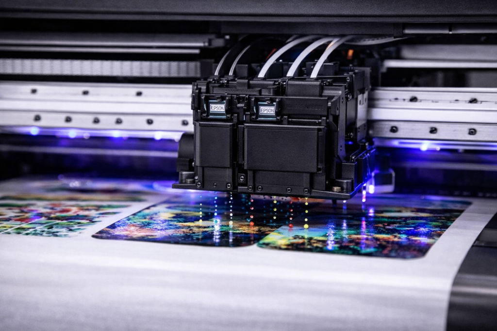 Close-up of UV DTF printer printhead releasing ink droplets for high-resolution transfer printing