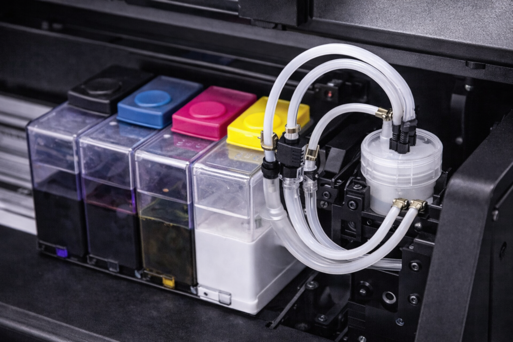 UV DTF printer ink system with white ink circulation tanks and tubing for clog-free printing