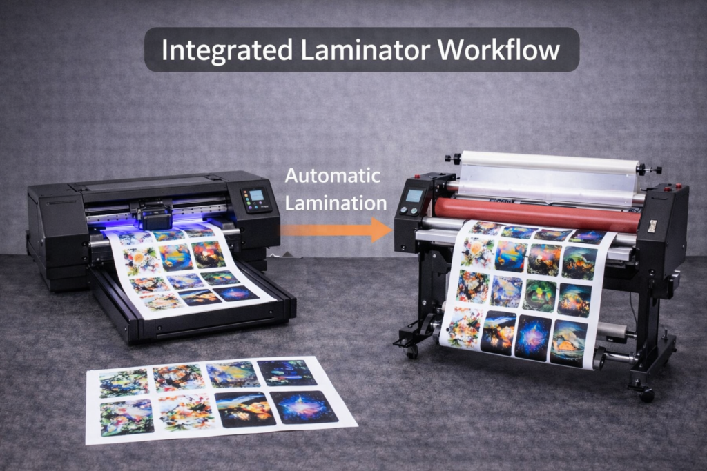 UV DTF printer with integrated laminator showing automatic film lamination workflow for small businesses