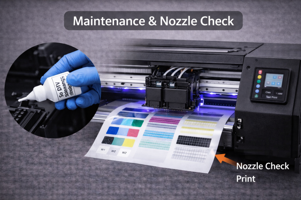UV DTF printer maintenance process showing nozzle check pattern and printhead cleaning