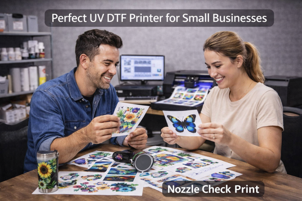 Small business owners reviewing UV DTF printed transfers in a professional printing workspace