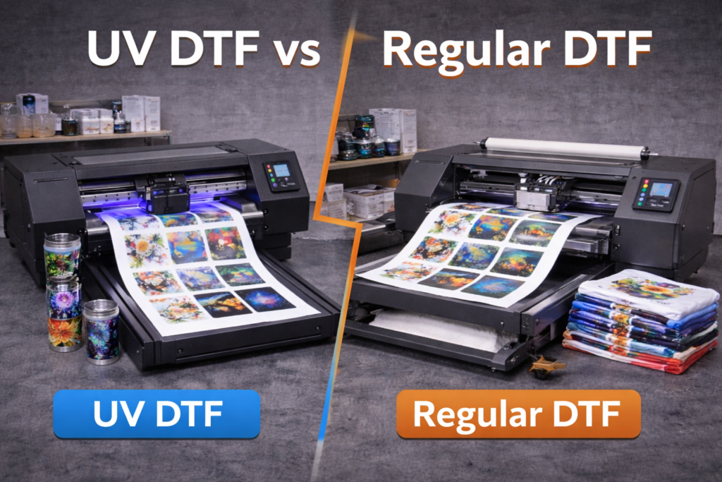 Side by side comparison of UV DTF printing and regular DTF printing showing differences in curing, output and applications