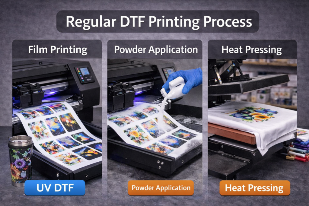 Regular DTF printing process showing printed film, adhesive powder application and heat press transfer