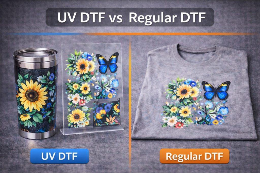 UV DTF vs regular DTF printing comparison showing rigid surface printing versus fabric garment transfer