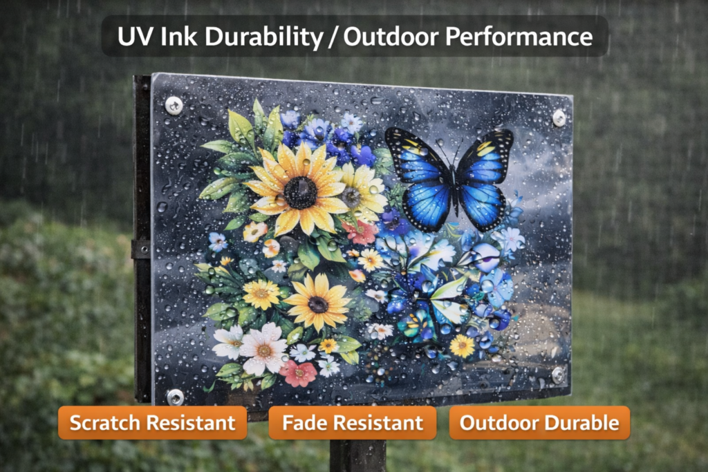 UV DTF printed signage showing scratch resistant, fade resistant and outdoor durable UV ink performance