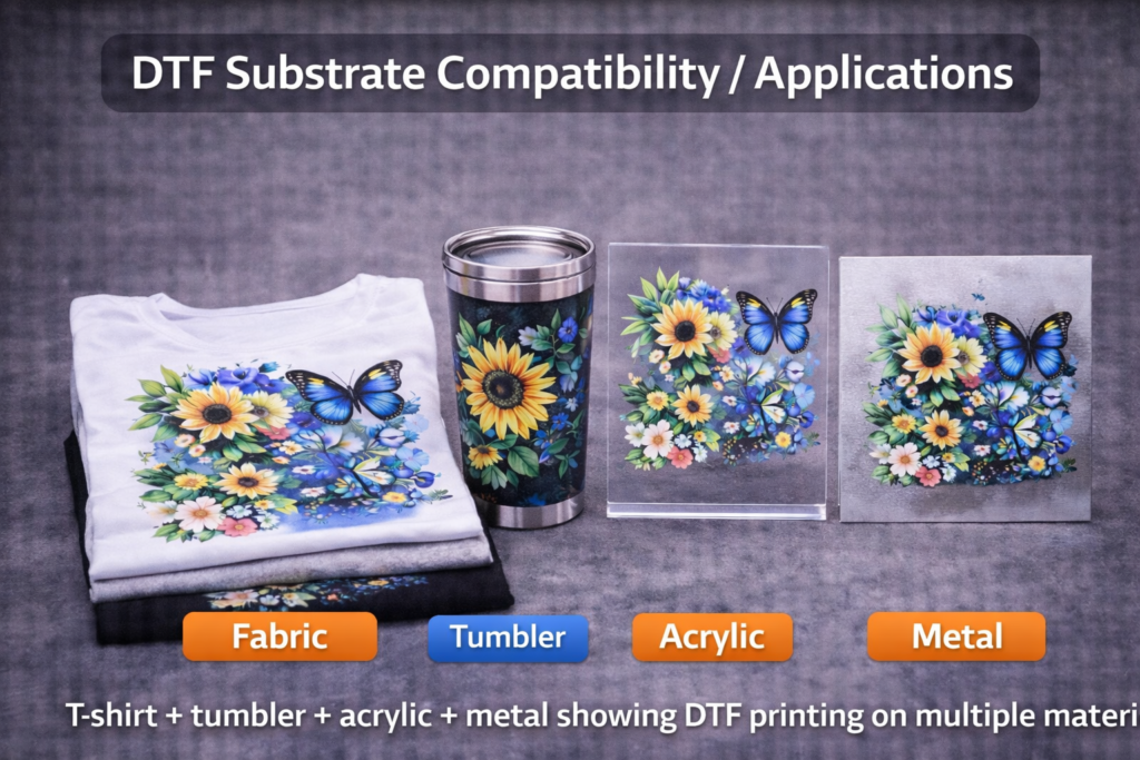 DTF printing on fabric, tumbler, acrylic and metal showing substrate compatibility for UV DTF and regular DTF applications