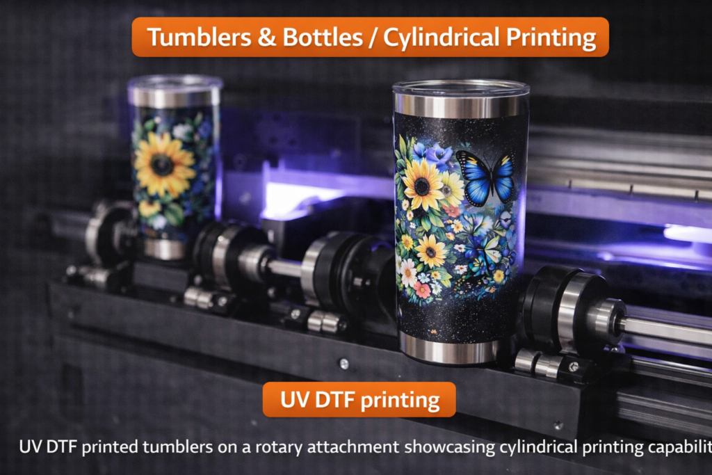 UV DTF printing on stainless steel tumblers using rotary attachment for cylindrical printing applications