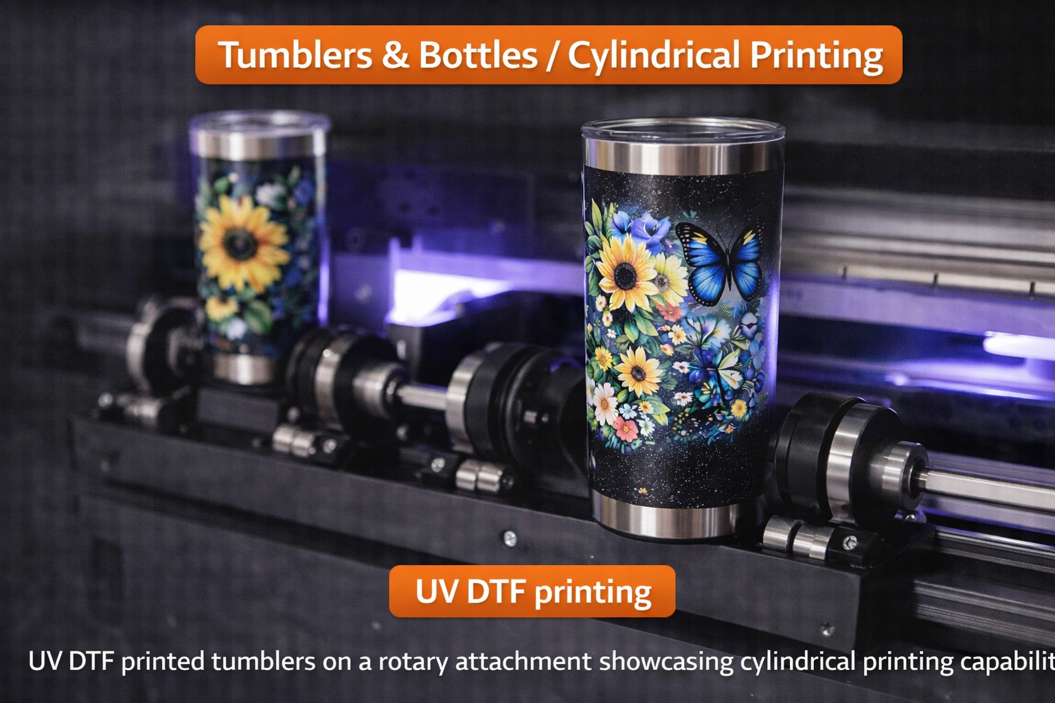 UV bottle printing machine workflow for bottles, tumblers, and cylindrical packaging