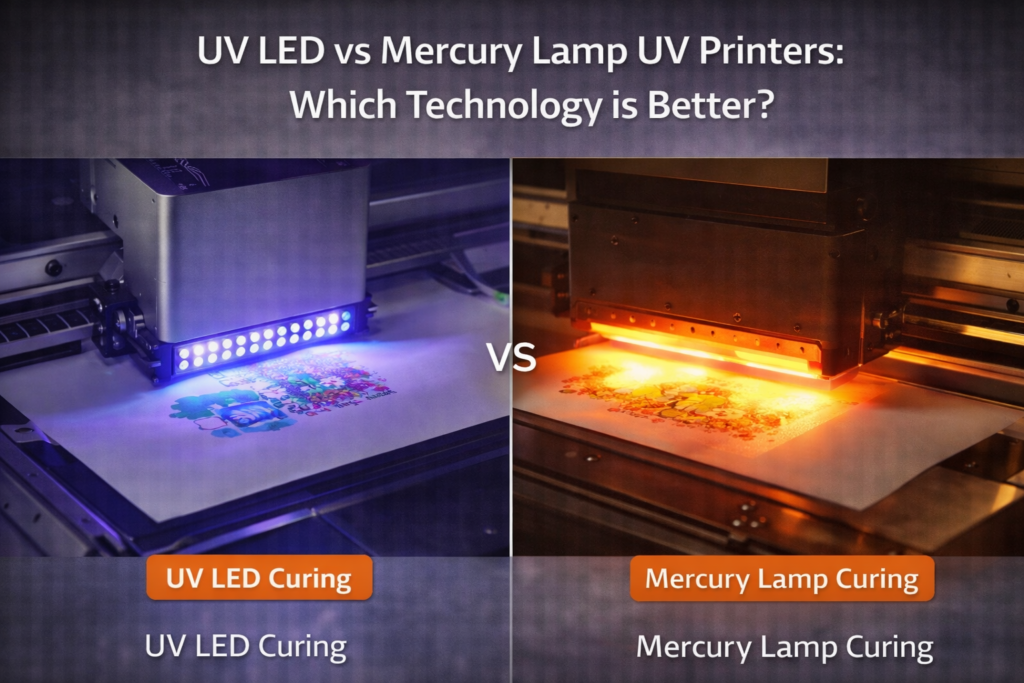 UV LED vs mercury lamp UV printers curing comparison showing LED and traditional UV lamp technology