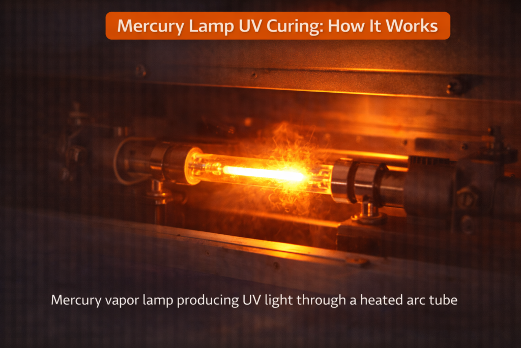 Mercury lamp UV curing system showing heated arc tube producing ultraviolet light