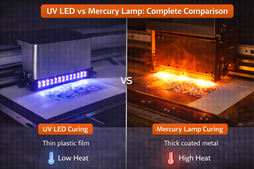 UV LED vs mercury lamp curing heat comparison showing low heat LED and high heat mercury lamp