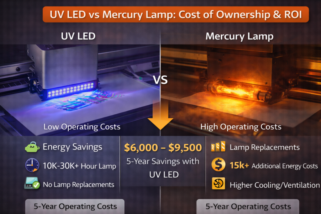 UV LED vs mercury lamp UV printer cost of ownership comparison over five years