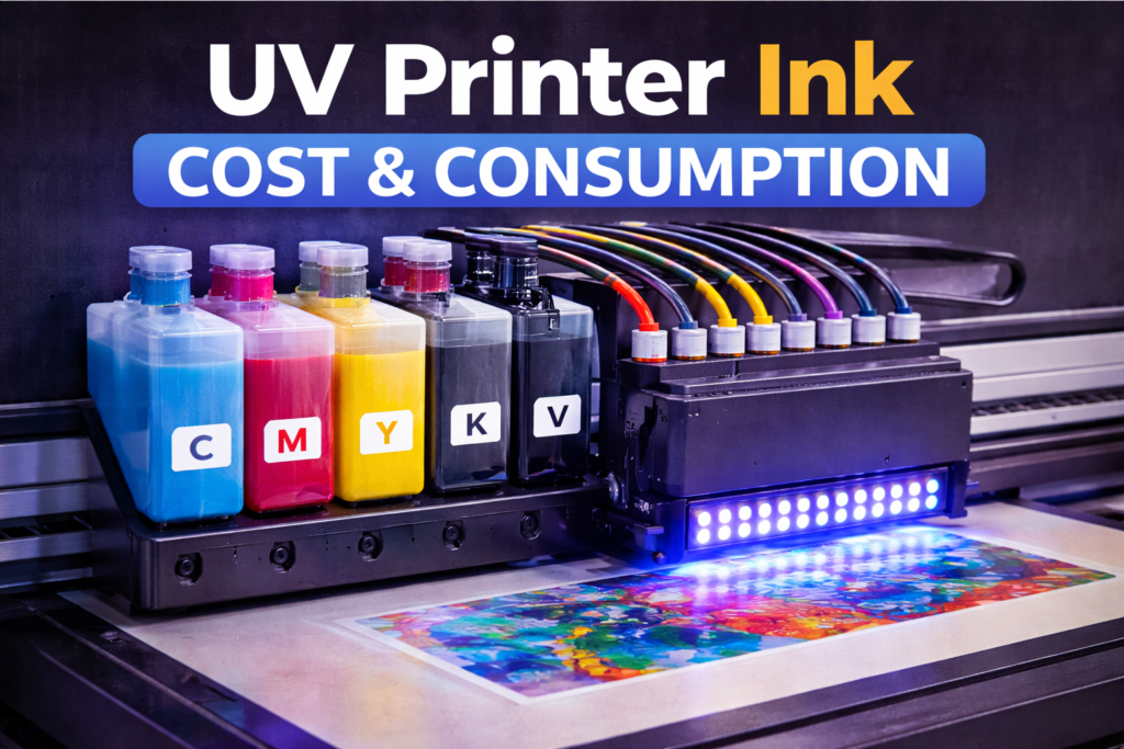 UV printer ink system showing CMYK, white and varnish ink tanks used in professional UV printing