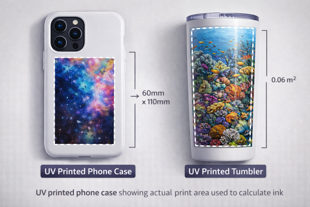 UV printed phone case and tumbler showing actual print area used to calculate ink cost per product