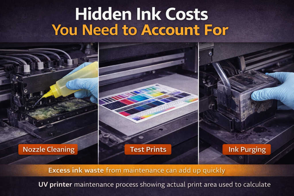 UV printer maintenance showing nozzle cleaning, test prints and ink purging that increase overall ink consumption