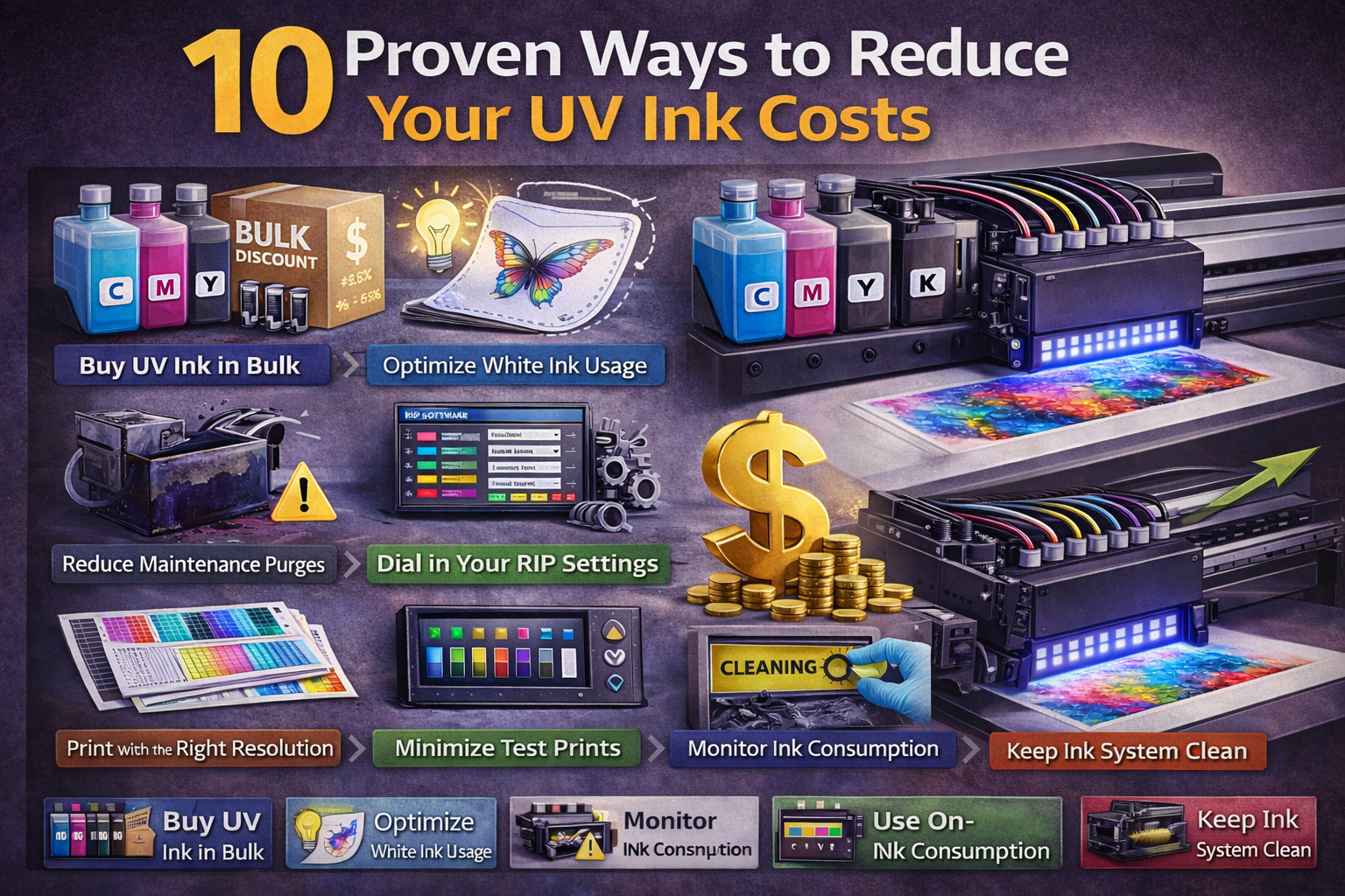 UV ink cost and maintenance planning for white ink circulation and cleaning routines