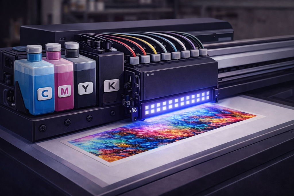 UV flatbed printer curing ink instantly with UV LED lights to create durable long lasting prints