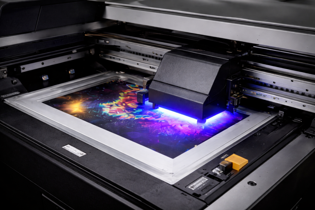 UV DTF printer printing vibrant design with UV curing lights on transfer film