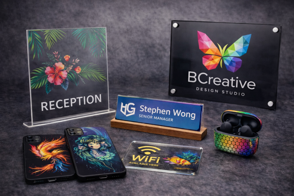 UV DTF printed corporate gifts including notebook, pen set and branded keychain