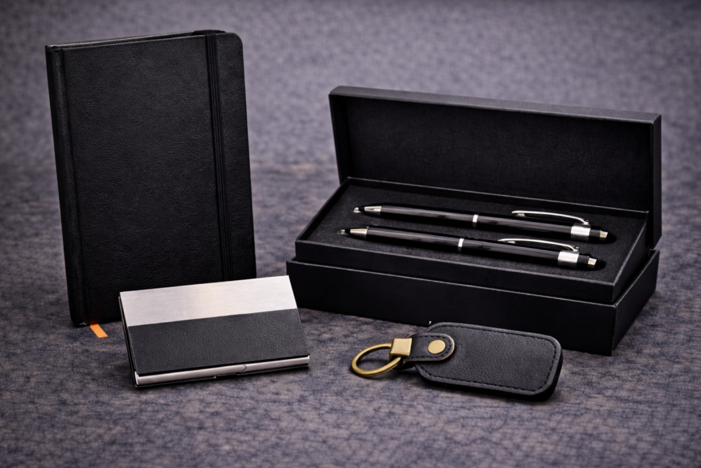 UV DTF printed corporate gifts including notebook, pen set and branded keychain