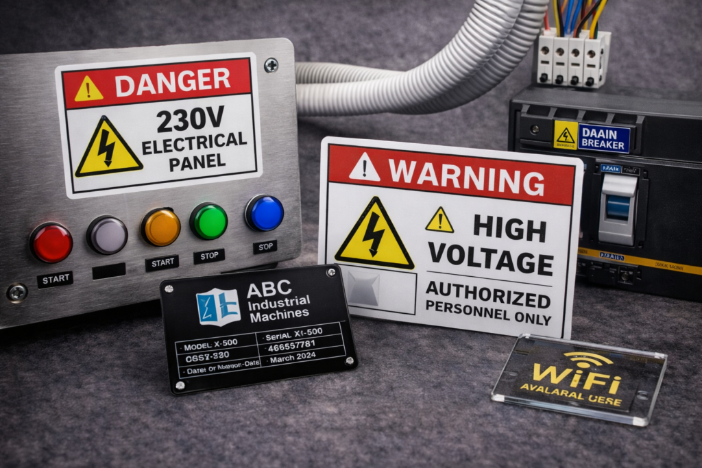 UV DTF printed industrial labels and warning signs on electrical control panels