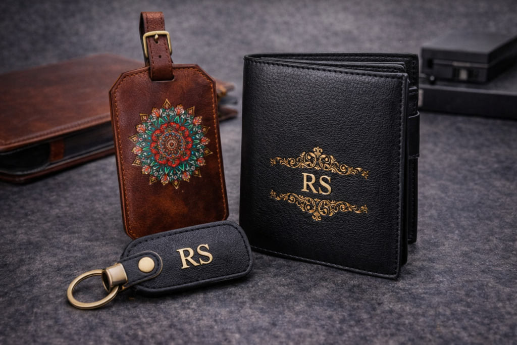 UV DTF printed leather wallet, keychain and luggage tag with premium finish