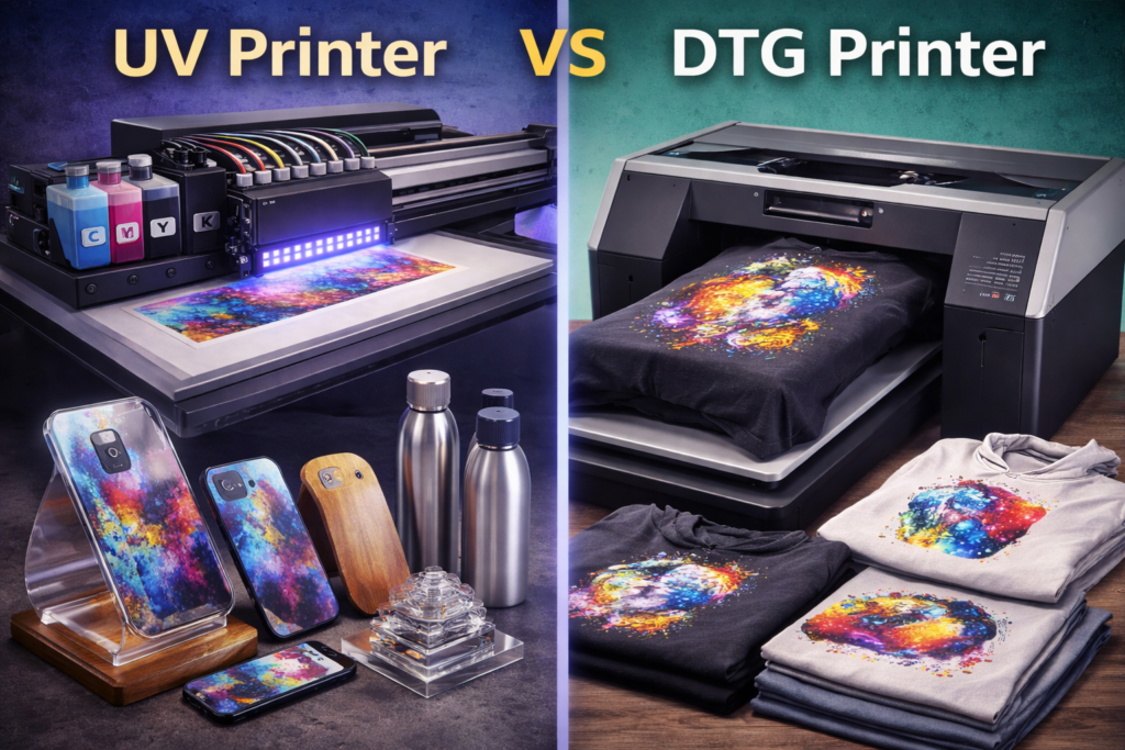UV printer vs DTG printer comparison showing UV printing on hard surfaces and DTG printing on t-shirts
