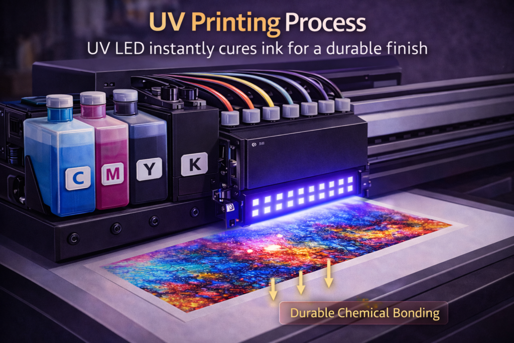 UV flatbed printer curing CMYK ink instantly with UV LED lights during the UV printing process on rigid material