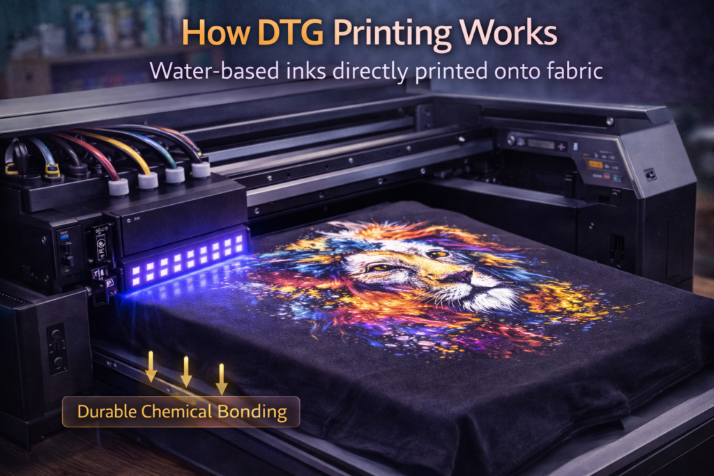 DTG printer printing water based textile ink directly onto a cotton T shirt during the DTG printing process