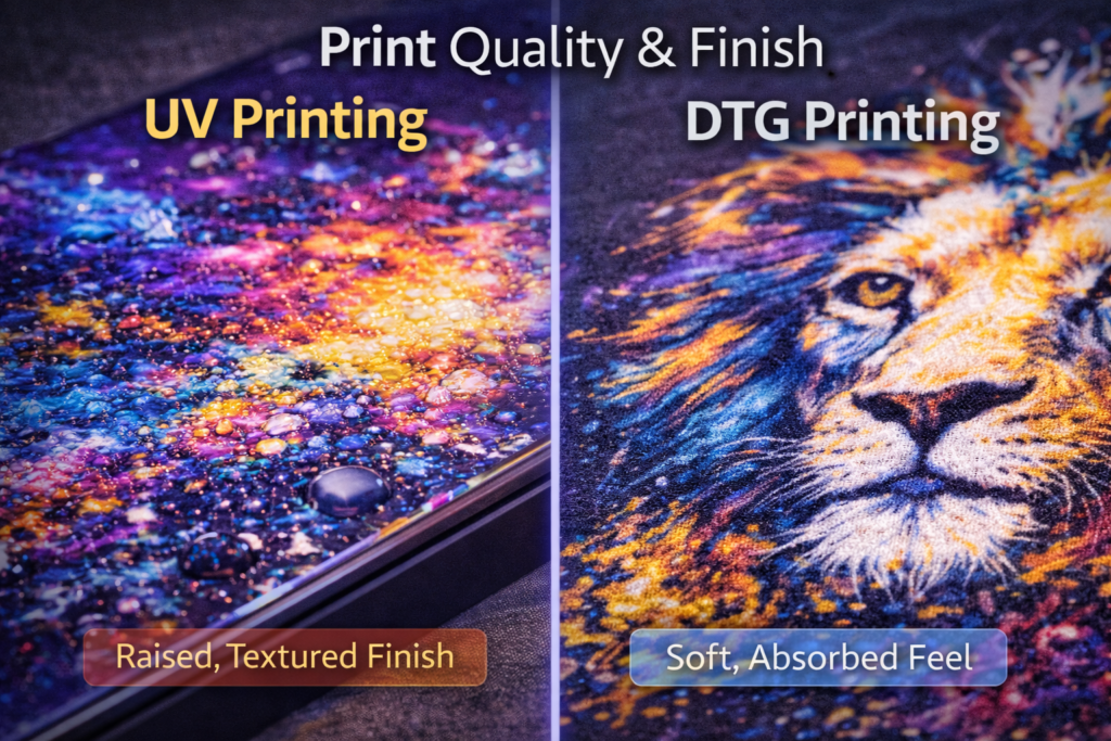 UV printing vs DTG printing finish comparison showing raised textured UV print on rigid surface and soft absorbed DTG print on cotton fabric