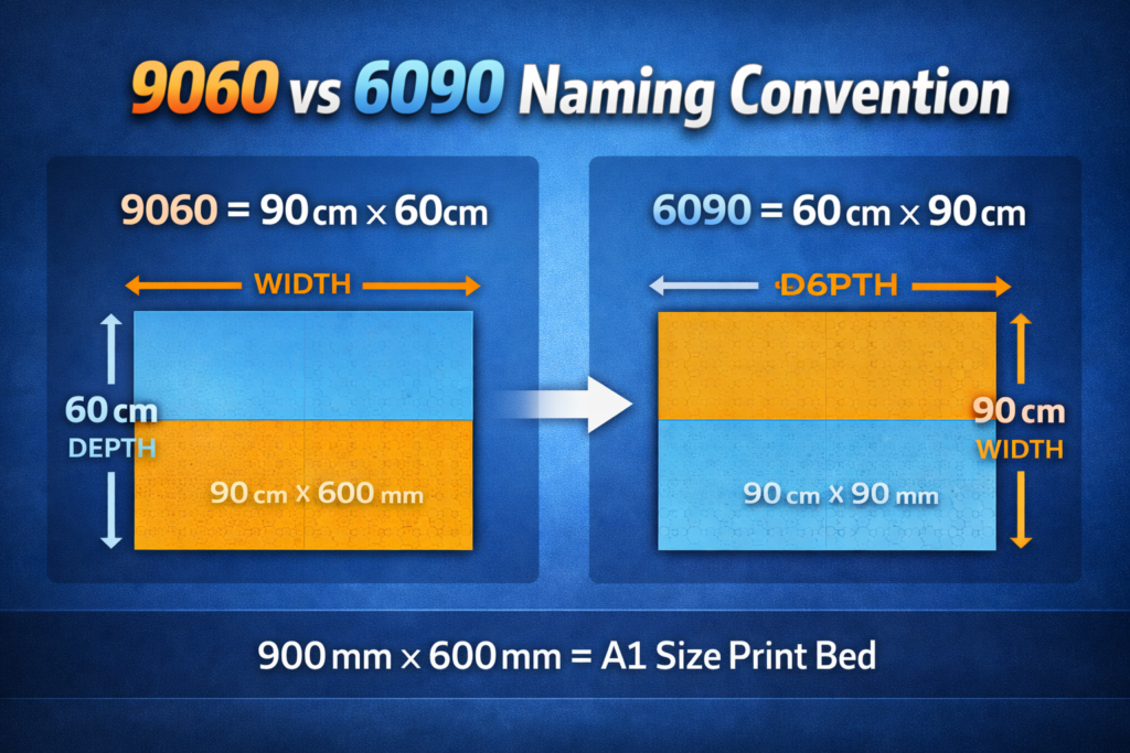 UV Printer 9060 vs 6090 naming convention showing 900x600 mm A1 size print bed