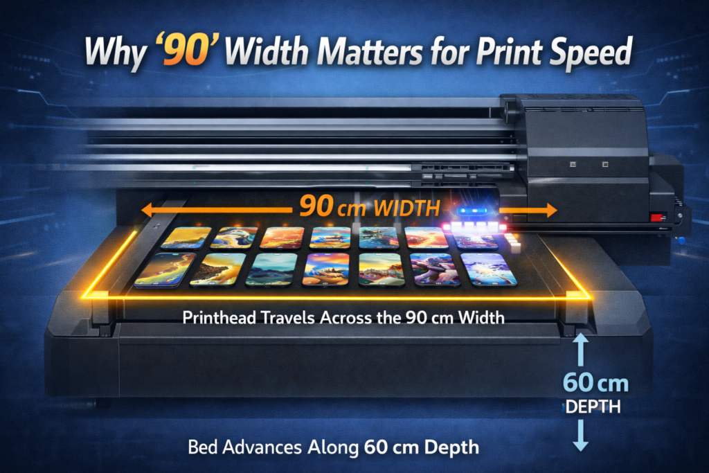 Why 90 cm width matters for UV printer speed on 9060 and 6090 flatbed printers