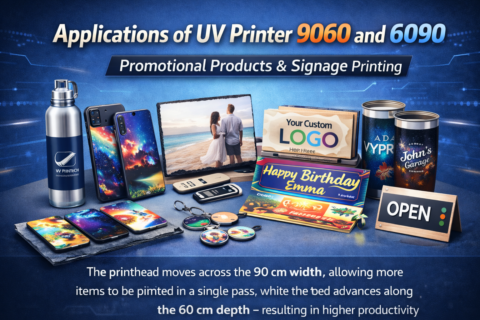 Applications of UV Printer 9060 on signs, packaging, gifts, and custom flatbed products