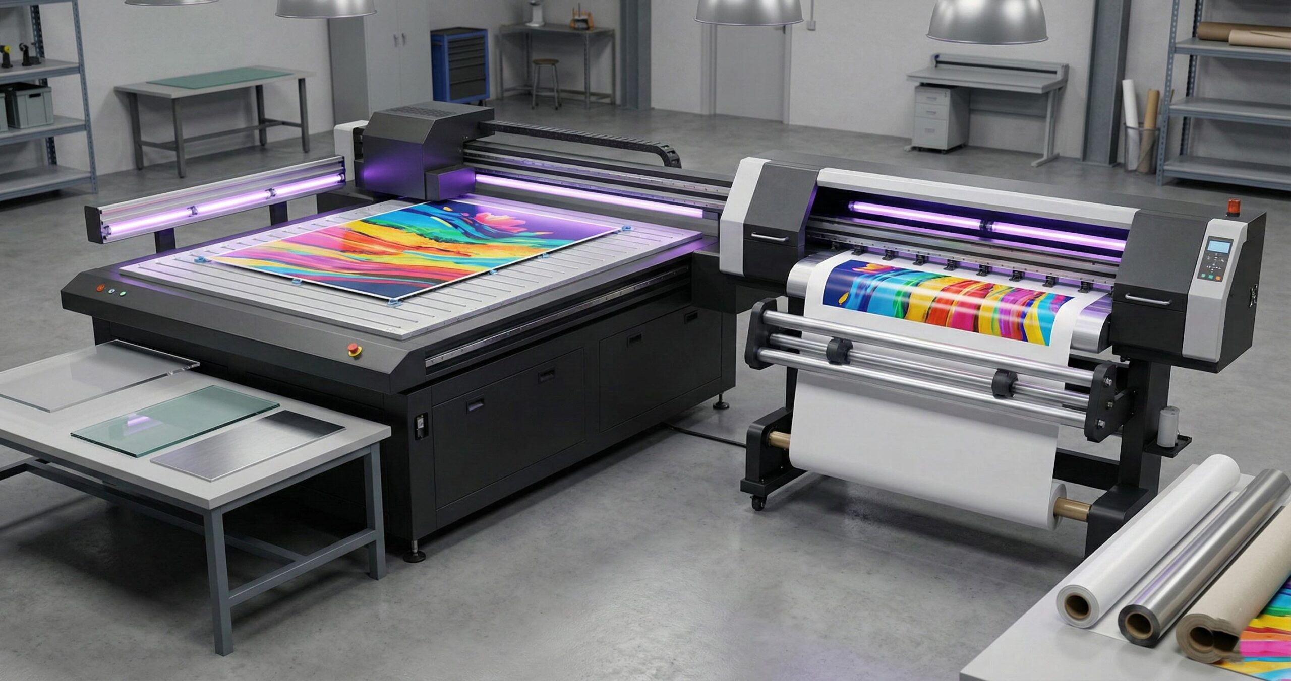 Flatbed UV printer and roll-to-roll UV printer workflow comparison for commercial buyers