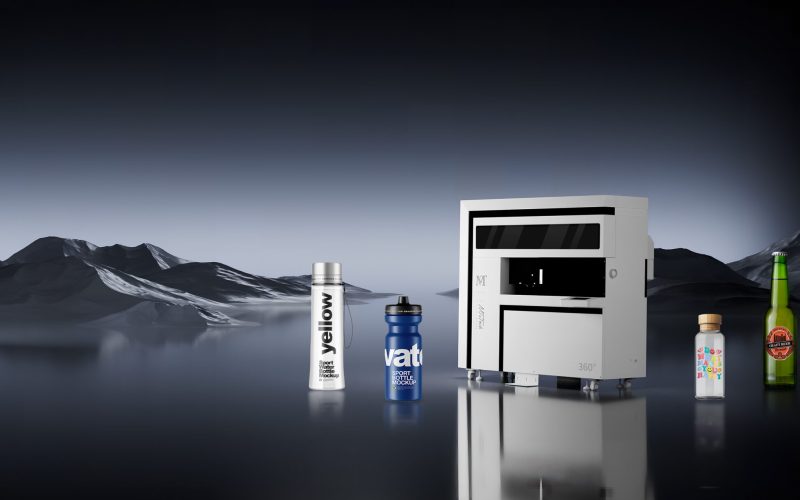 Labeling machine with bottles on reflective surface Labeling machine with bottles on reflective surface